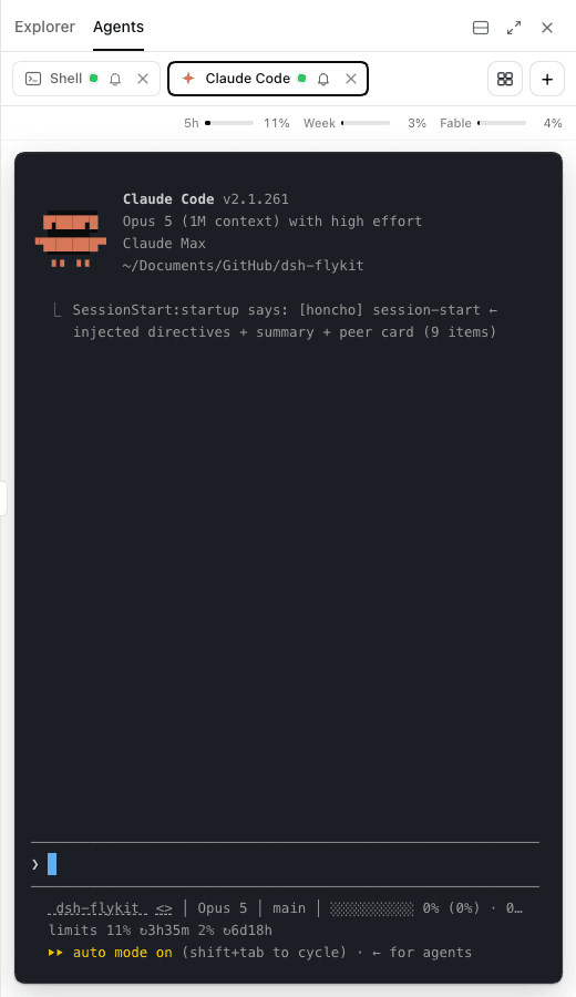 Agents tab: a live Claude Code terminal with Claude subscription usage bars above it