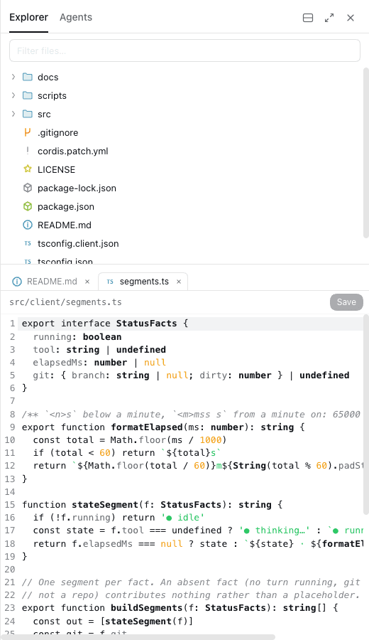 Explorer tab with a TypeScript file open in the editor