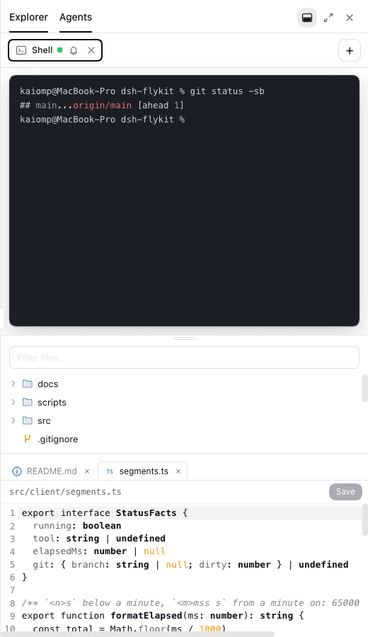 Split mode: a live shell above, the Explorer and an open file below