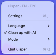 Menu bar: language, cleanup toggle, hold or toggle mode