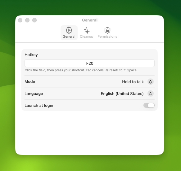 Settings — click the hotkey field and press any shortcut